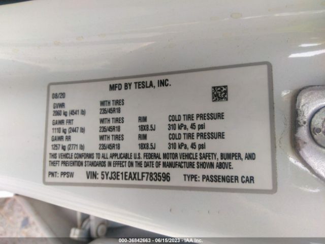 5YJ3E1EAXLF783596 Tesla Model 3 Standard Range