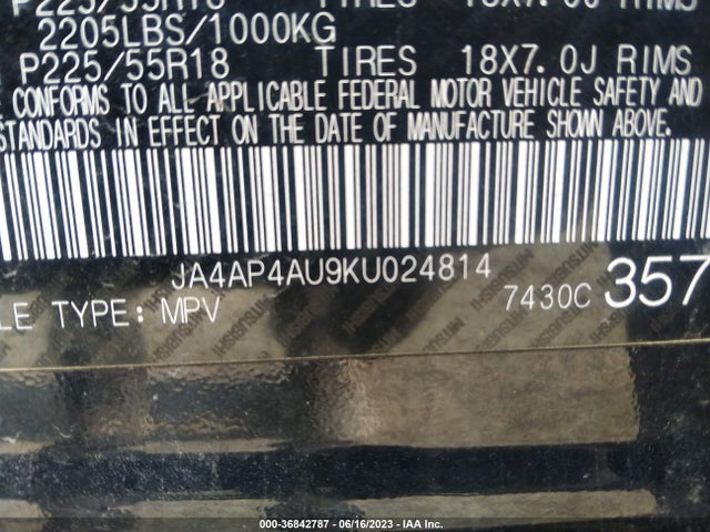 JA4AP4AU9KU024814 Mitsubishi Outlander Sport Se 2.0