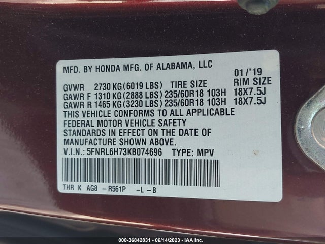 Honda Odyssey Ex-l 2019 5FNRL6H73KB074696 Image 9