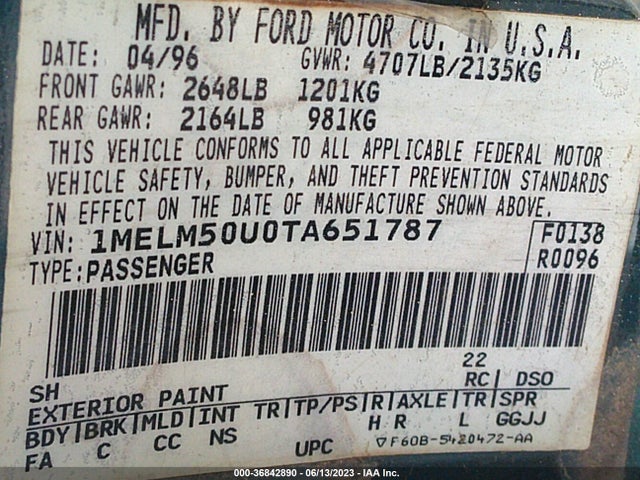 1996 MERCURY SABLE GS VIN: 1MELM50U0TA651787
