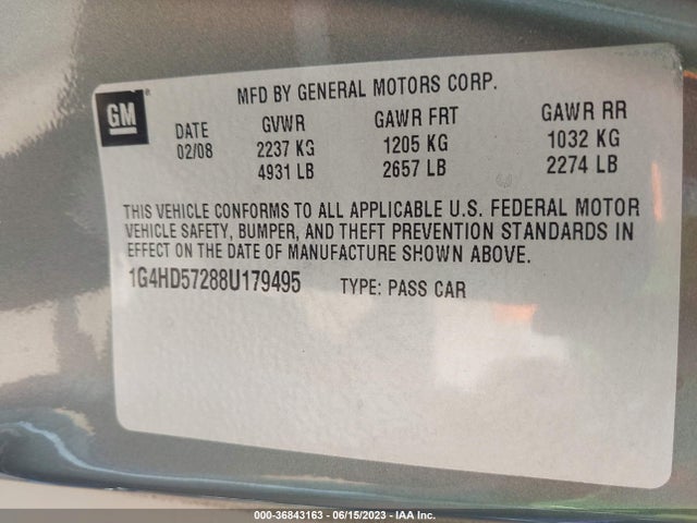 2008 BUICK LUCERNE CXL VIN: 1G4HD57288U179495