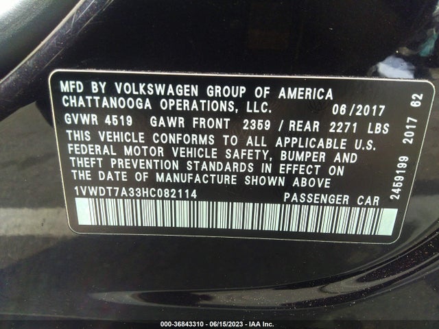 2017 VOLKSWAGEN PASSAT R-LINE W/COMFORT PKG VIN: 1VWDT7A33HC082114