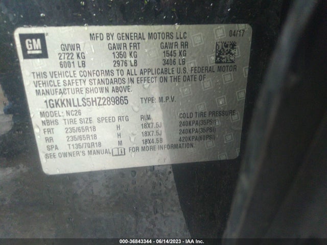 GMC ACADIA SLE 2017 1GKKNLLS5HZ289865 Image 9