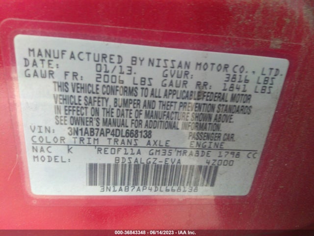2013 NISSAN SENTRA SL VIN: 3N1AB7AP4DL668138