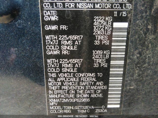 KNMAT2MV3GP629816 Nissan ROGUE SV