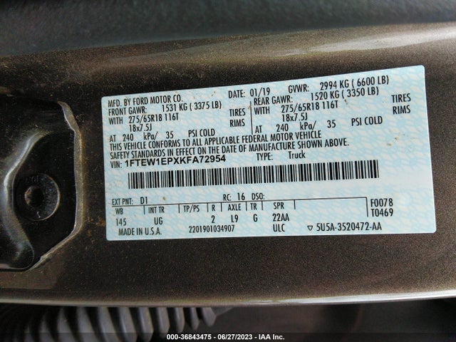 2019 FORD F-150 XLT VIN: 1FTEW1EPXKFA72954