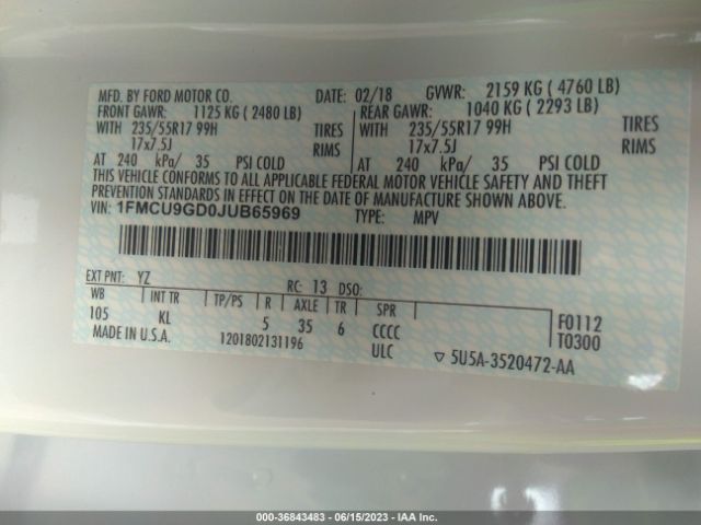 1FMCU9GD0JUB65969 Ford ESCAPE SE