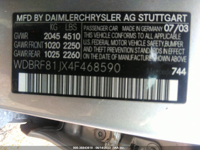 2004 MERCEDES-BENZ C-CLASS 2.6L VIN: WDBRF81JX4F468590