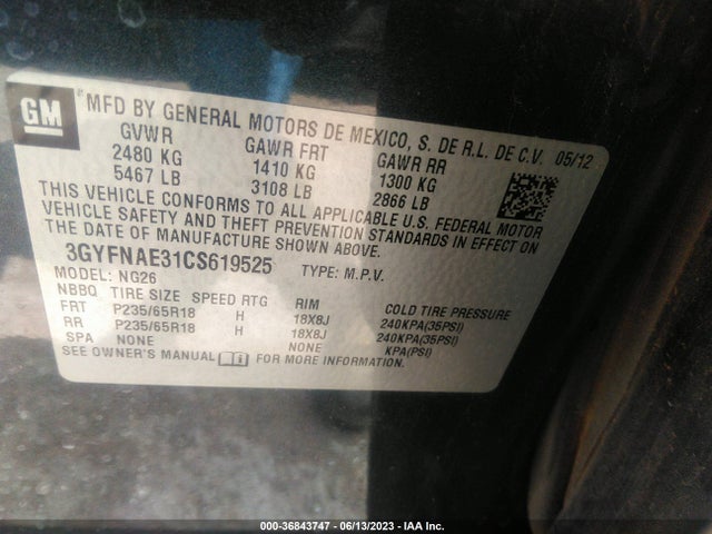 36843747 :رقم المزاد ، 3GYFNAE31CS619525 vin ، 2012 Cadillac Srx Luxury Collection مزاد بيع