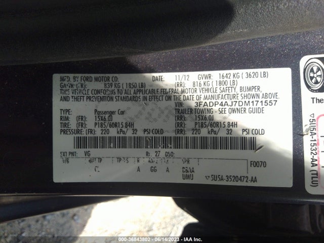 2013 FORD FIESTA S VIN: 3FADP4AJ7DM171557