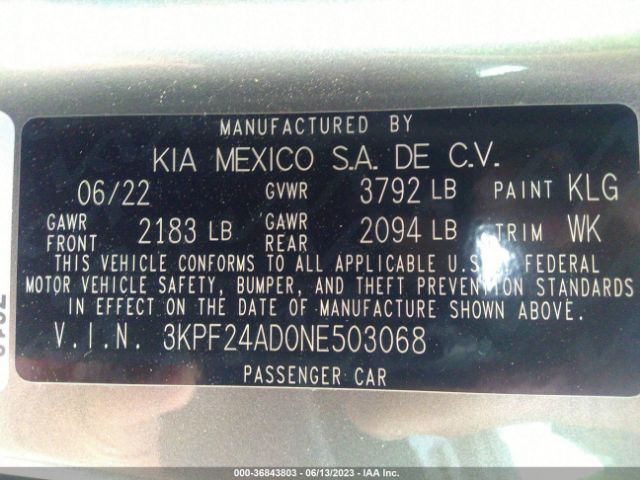 3KPF24AD0NE503068 KIA Forte Lxs