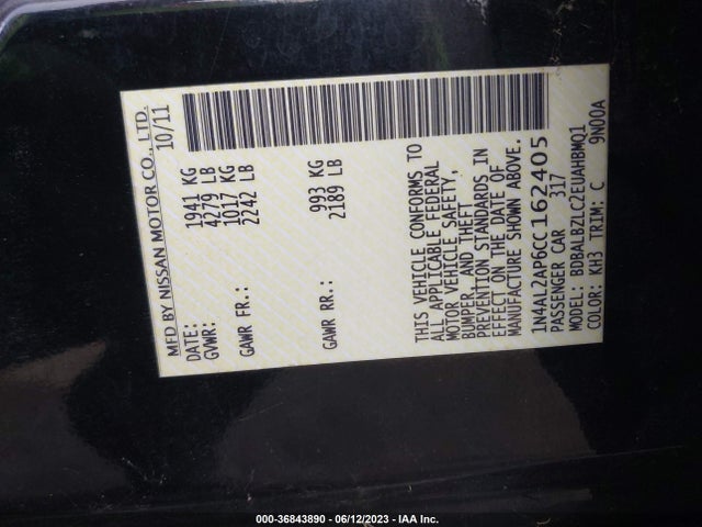 2012 NISSAN ALTIMA 2.5 SL VIN: 1N4AL2AP6CC162405