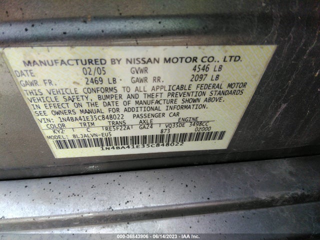 2005 NISSAN MAXIMA 3.5 SL VIN: 1N4BA41E35C848022