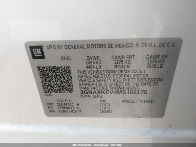 3GNAXKEV4MS156175 Chevrolet Equinox Fwd Lt
