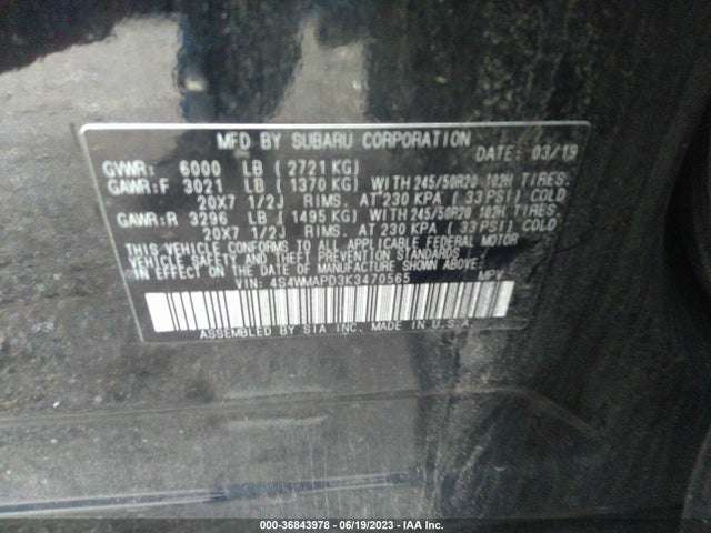 4S4WMAPD3K3470565 Subaru Ascent Limited