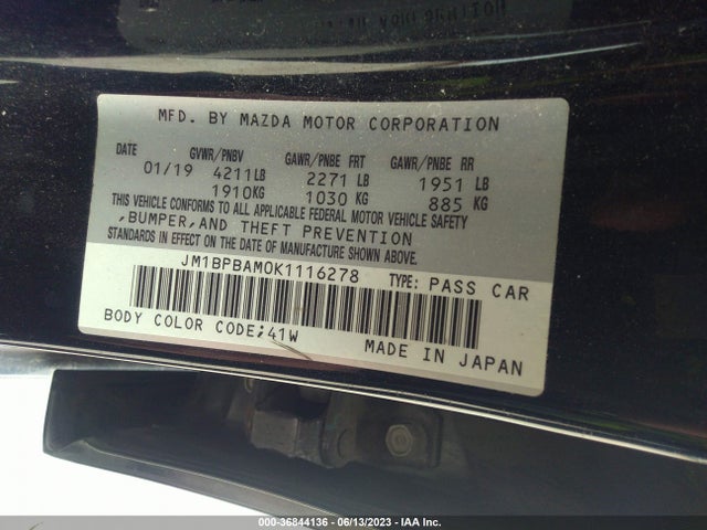 2019 MAZDA MAZDA3 SEDAN W/SELECT PKG VIN: JM1BPBAM0K1116278