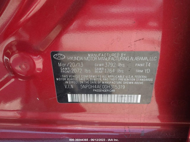 2013 HYUNDAI ELANTRA GLS PZEV VIN: 5NPDH4AE0DH315319