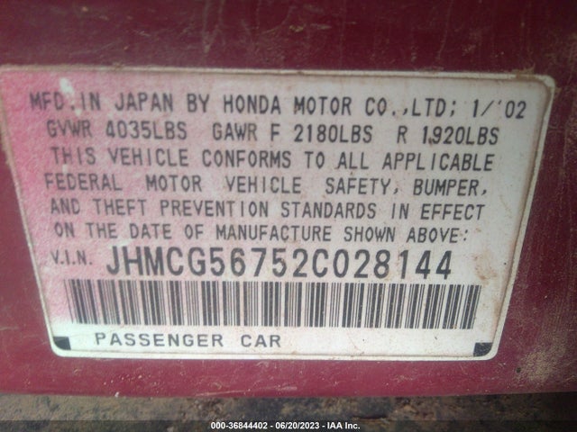 2002 HONDA ACCORD SDN SE VIN: JHMCG56752C028144