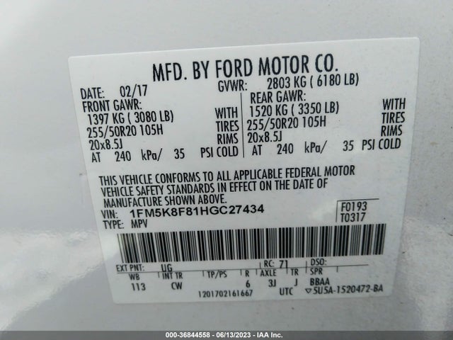 2017 FORD EXPLORER LIMITED VIN: 1FM5K8F81HGC27434