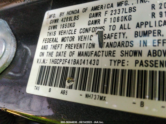 2011 HONDA ACCORD SDN LX-P VIN: 1HGCP2F41BA041430