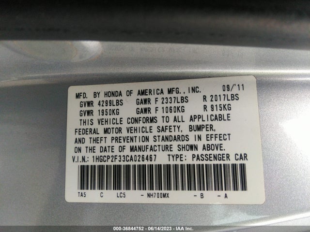 2012 HONDA ACCORD SDN LX VIN: 1HGCP2F33CA026467