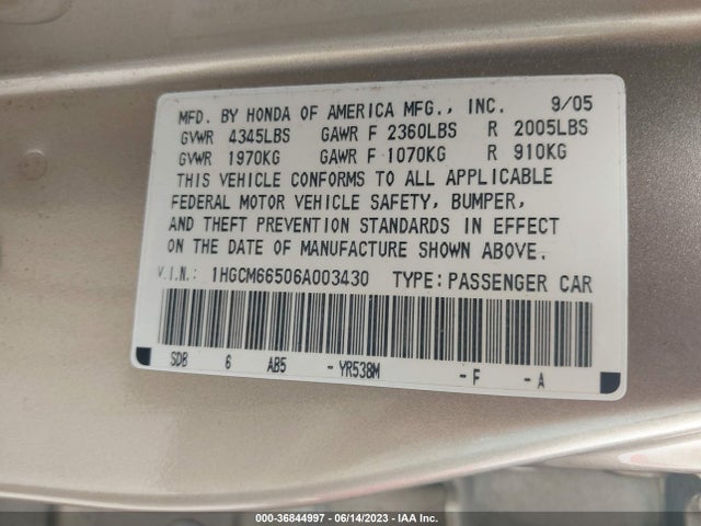 2006 HONDA ACCORD SDN EX-L V6 VIN: 1HGCM66506A003430