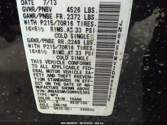 2013 NISSAN ROGUE S VIN: JN8AS5MV2DW655365