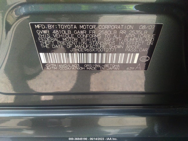 2007 LEXUS GS 350 VIN: JTHCE96SX70012371