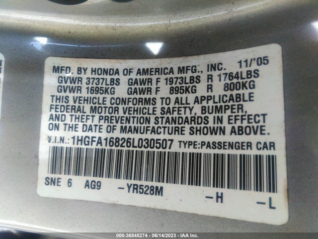 2006 HONDA CIVIC SDN EX VIN: 1HGFA16826L030507
