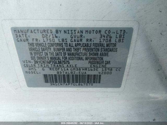 3N1CN7AP7GL867575 Nissan VERSA SV