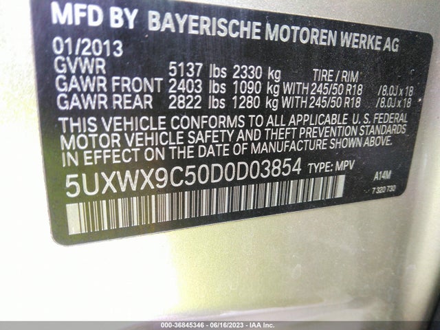 2013 BMW X3 XDRIVE28I VIN: 5UXWX9C50D0D03854
