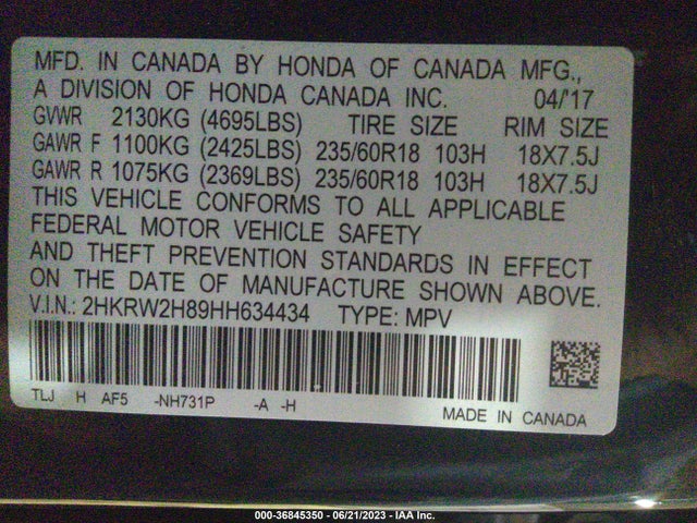 Honda Cr-v Ex-l 2017 2HKRW2H89HH634434 Image 9