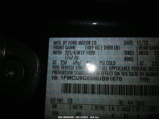 2022 FORD ESCAPE SE VIN: 1FMCU9G65NUB91670
