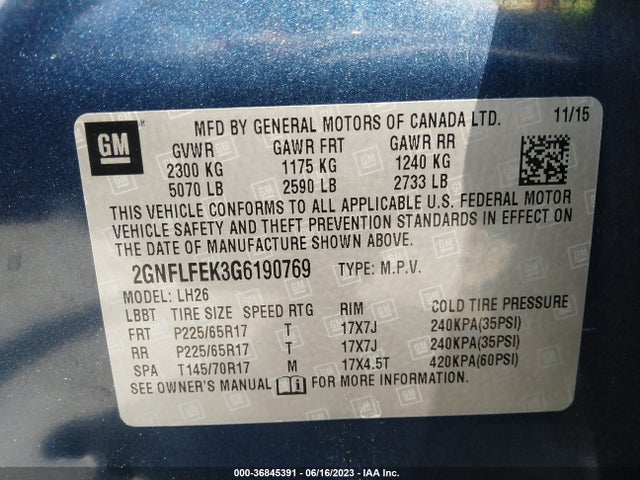 2016 CHEVROLET EQUINOX LT VIN: 2GNFLFEK3G6190769