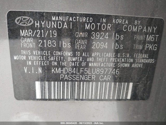 2020 HYUNDAI ELANTRA SEL VIN: KMHD84LF5LU897746