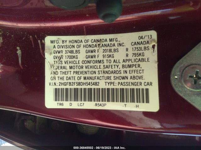 2013 HONDA CIVIC SDN LX VIN: 2HGFB2F58DH545482