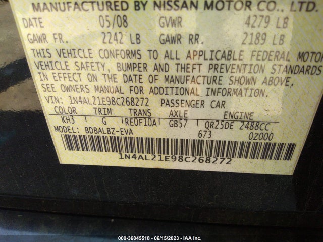 2008 NISSAN ALTIMA 2.5 SL VIN: 1N4AL21E98C268272