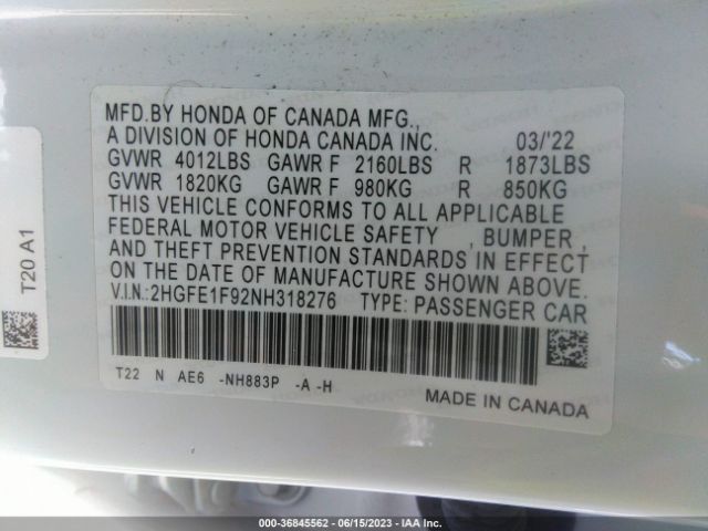 2HGFE1F92NH318276 Honda Civic Sedan Touring