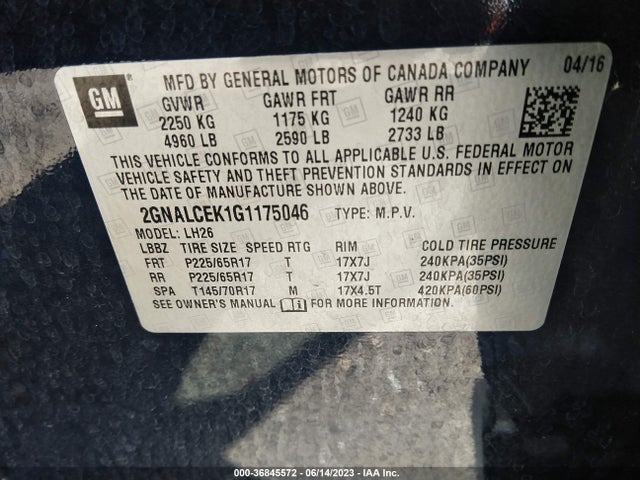 Chevrolet EQUINOX LT 2016 2GNALCEK1G1175046 Image 9