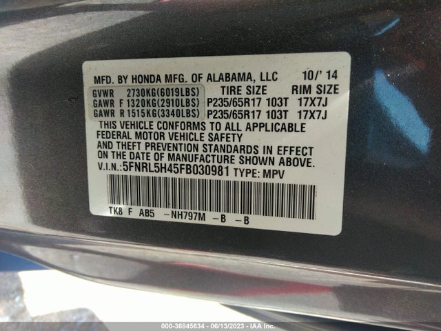 Honda ODYSSEY EX 2015 5FNRL5H45FB030981 Image 9