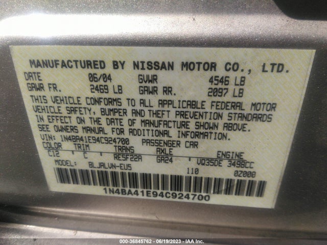 2004 NISSAN MAXIMA SL VIN: 1N4BA41E94C924700