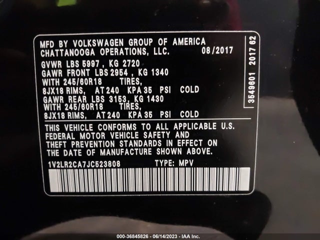 1V2LR2CA7JC523808 Volkswagen Atlas 3.6l V6 Se
