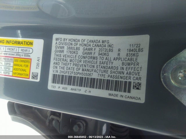 2023 HONDA CIVIC SEDAN SPORT VIN: 2HGFE2F50PH505067