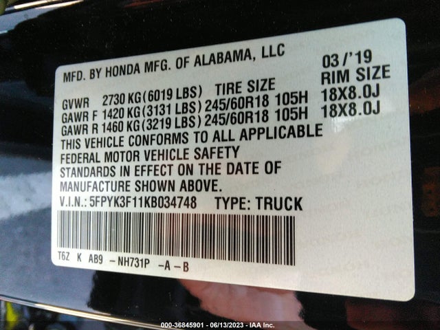 Honda Ridgeline Sport 2019 5FPYK3F11KB034748 Image 9