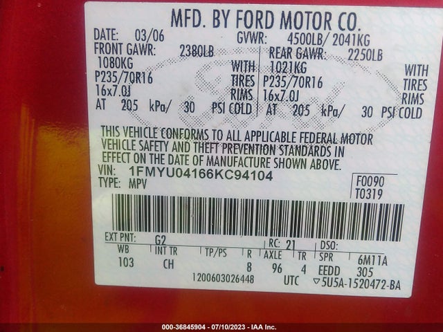 2006 FORD ESCAPE LIMITED VIN: 1FMYU04166KC94104