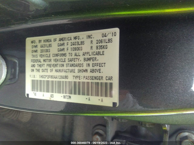 2010 HONDA ACCORD SDN EX-L VIN: 1HGCP2F80AA128480