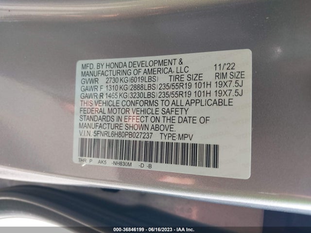 Honda Odyssey Touring 2023 5FNRL6H80PB027237 Image 15