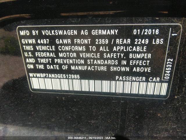 2016 Volkswagen CC, VIN: WVWBP7AN3GE512985
