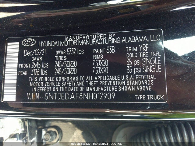 2022 HYUNDAI SANTA CRUZ LIMITED VIN: 5NTJEDAF8NH012909