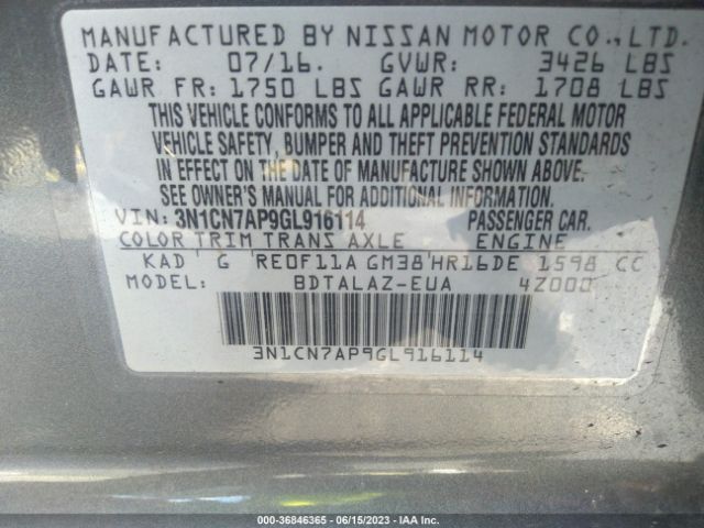 3N1CN7AP9GL916114 Nissan Versa S Plus